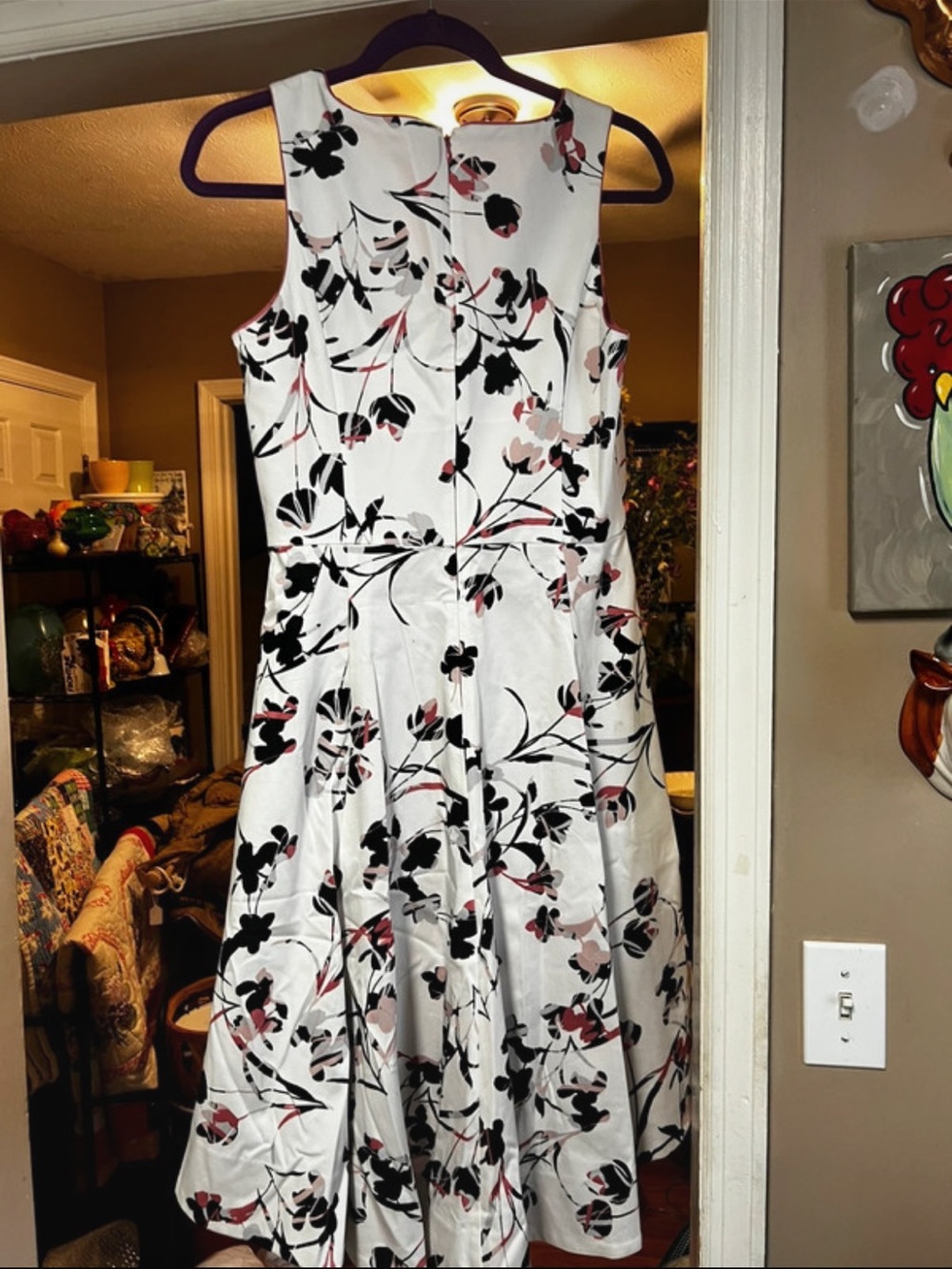Sleeveless Floral Fit & Flare Dress - White with Black & Pink Floral - Picture 6 of 7